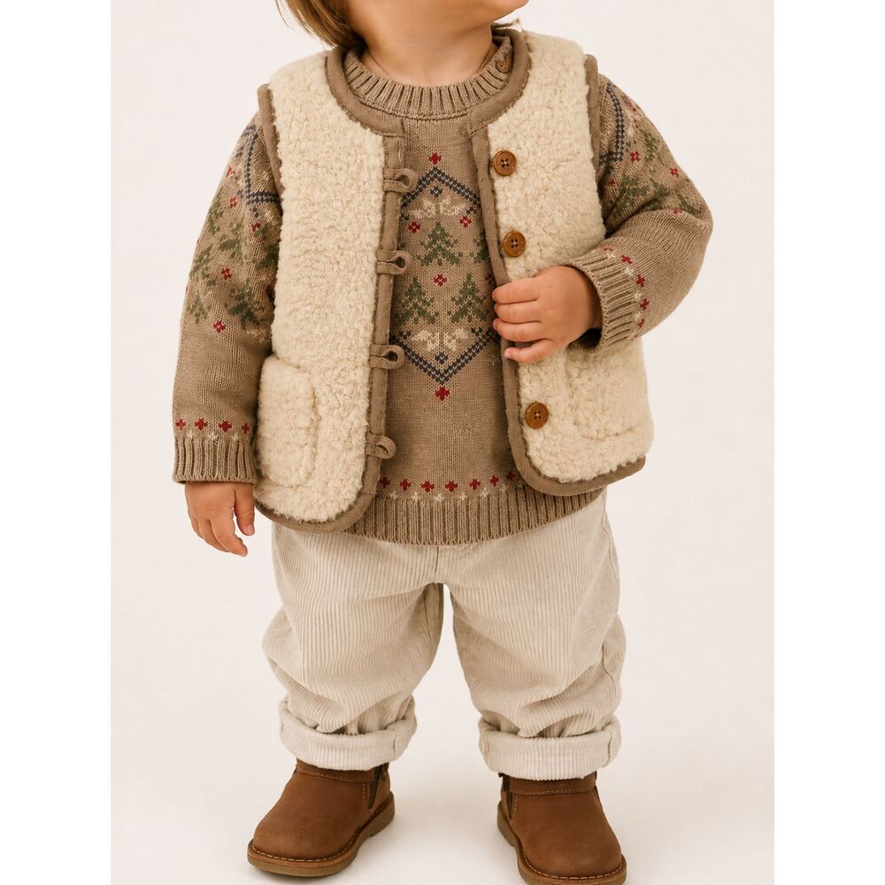 Tommy Bahama Baby 12M Fair Isle Sweater Sherpa Vest Set Cottagecore Holiday